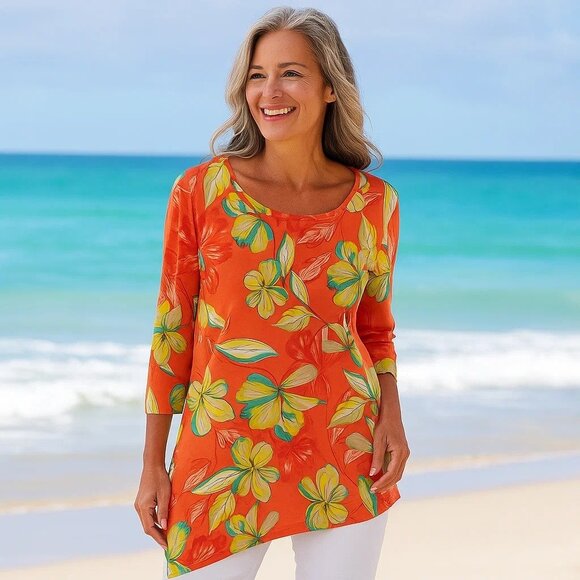 Susan Graver Asymmetrical Hem Coral Floral Flower Beachy Boho 3/4 Sleeve Shirt M - Picture 1 of 9